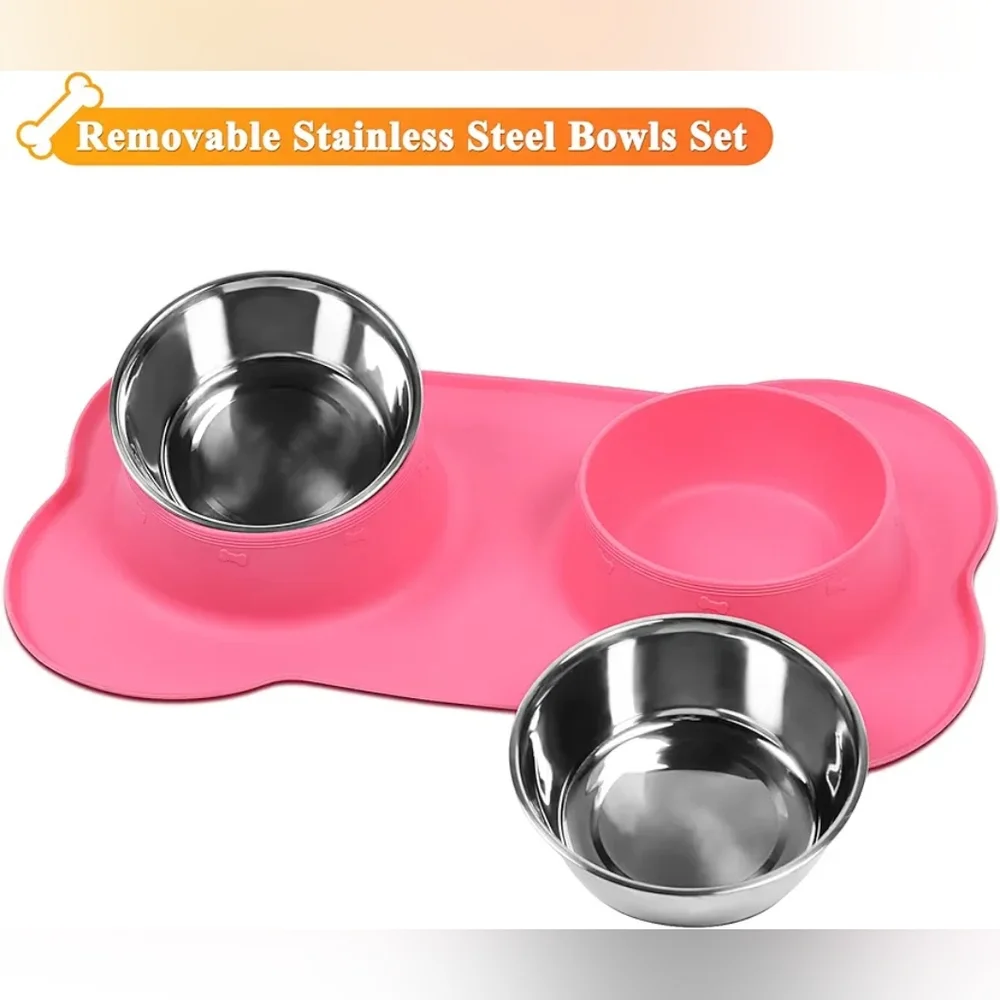 VAGLORY Pink No Mess Silicone Bone Mat & Stainless Steel Dog Food Bowls